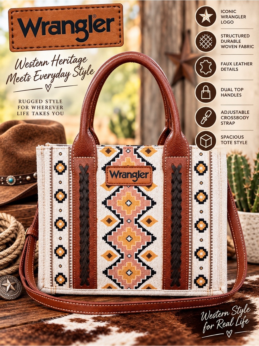 Wrangler Western Southwestern Woven Tote Bag with Detachable Crossbody Strap